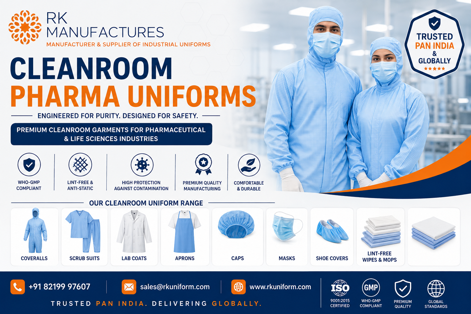 Premium Cleanroom Pharma Uniforms by RK Manufactures Cleanroom Pharma Uniform Manufacturer in Hyderabad Chennai South India